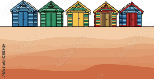 A colorful row of five illustrated beach huts standing on a sandy shore with ample copy space.
