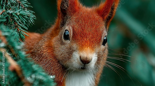 Squirrel close-up in green foliage looking at the viewer.