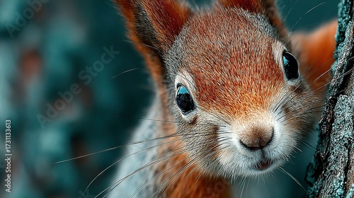 Squirrel close-up portrait with brown fur and a tree trunk in background.
