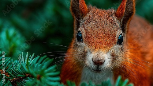 Close-up of a red squirrel looking at the camera with green foliage background.