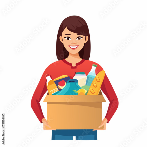 Smiling young woman holding box with donated goods representing charity, volunteering, and helping community on white background