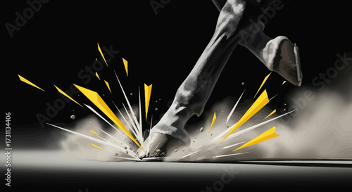 Close-up of a Horse's Hoof Striking the Ground with Dust and Yellow Energy Bursts