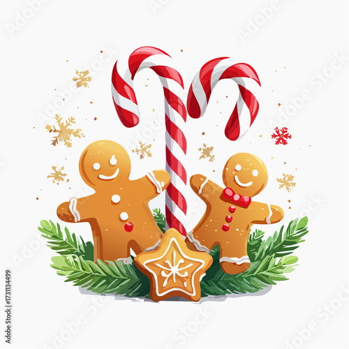Christmas decoration with candy canes, gingerbread cookies, pine branches, and stars on white background