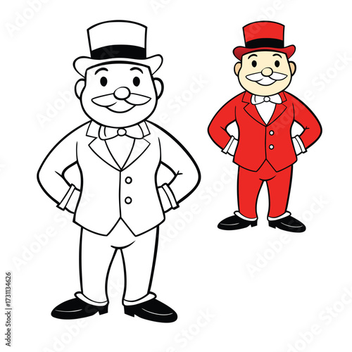A fun Monopoly Guy coloring page featuring the classic character with his top hat, mustache, and suit, perfect for adding creativity and color to this iconic figure.
