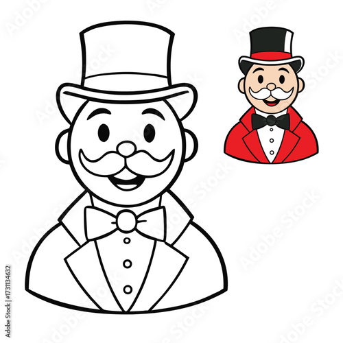 A fun Monopoly Guy coloring page featuring the classic character with his top hat, mustache, and suit, perfect for adding creativity and color to this iconic figure.
