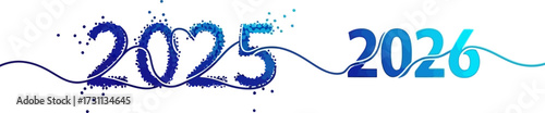 The year 2025 dissolving into 2026, shown with artistic blue typography and a continuous flowing line.