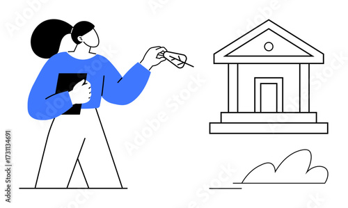 Female figure with a document and feather pen approaching a classical structure, representing authority or law. Ideal for law, government, education, policy, tradition, justice heritage. Simple flat
