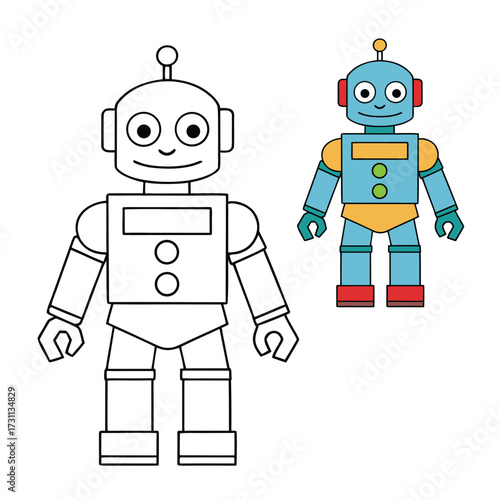 A fun robot-toy coloring page featuring a playful mechanical friend with gears, buttons, and antennas, ready for kids to bring to life with bright colors and creativity.
