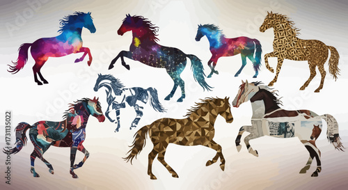 Collection of Artistic Horse Silhouettes with Unique Textured Fillings and Patterns