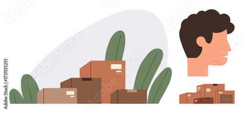 Stacked cardboard boxes surrounded by green leaves and profile of a man as focal points. Ideal for logistics, packaging, delivery, storage, eco-friendliness, shipping, identity. Simple flat metaphor