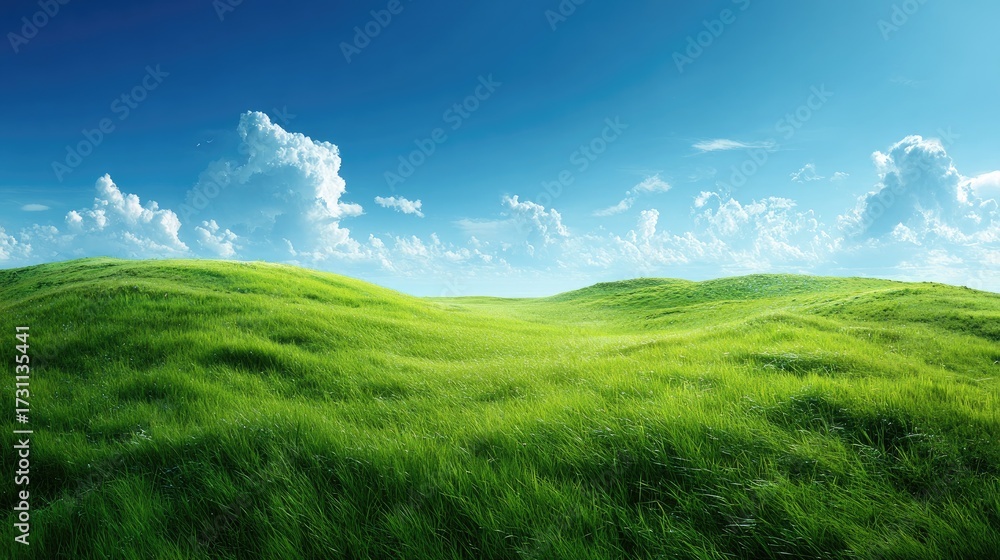 Fototapeta premium Lush Green Hills Under a Vast Blue Sky with Fluffy Clouds on a Bright Sunny Day