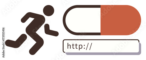 Individual figure rushing towards a large pill shape above a browser URL bar. Ideal for health, digital healthcare, internet therapy, online pharmacy, technology, wellness, or medical information. A