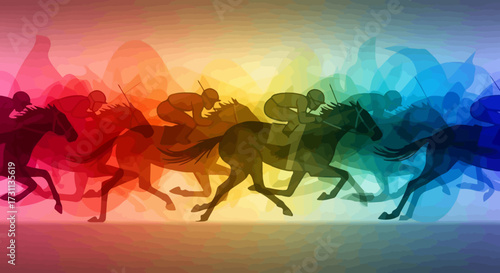 Dynamic Horse Racing Silhouettes in Vibrant Rainbow Colors Abstract Background Motion