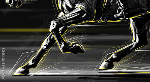 Dynamic Close-Up of Horse Legs in Motion, Yellow and White Strokes on Black Background
