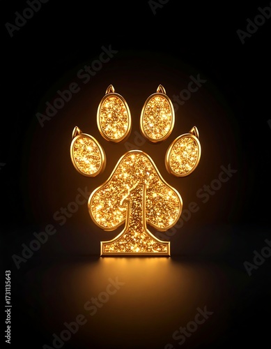 Illuminated golden paw print on black background