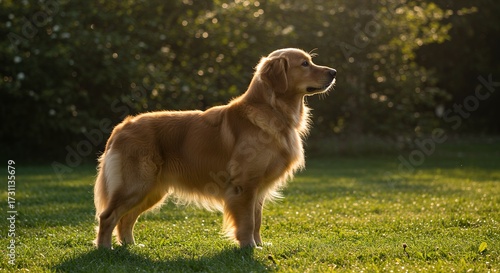 Golden retriever dog standing outdoors in sunlight