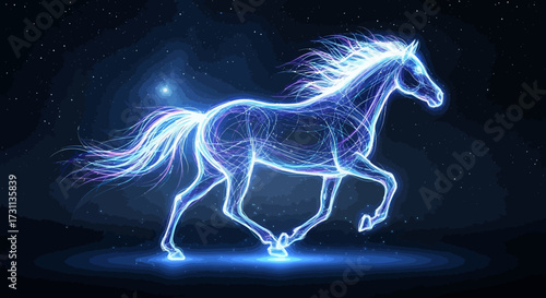 Ethereal Blue Neon Horse Galloping Through Starry Night Sky, Mystical Energy Spirit