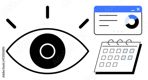 Large eye with focus lines beside a data analytics dashboard and calendar. Ideal for productivity, planning, organization, data analysis, foresight, scheduling, focus. Simple flat metaphor