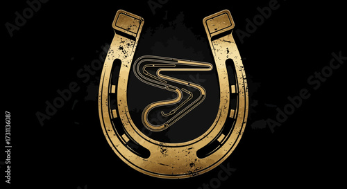 Golden Horseshoe with Abstract Racing Track and Grunge Texture on Black Background