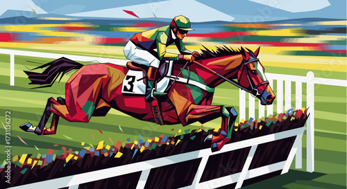 Jockey Riding Horse Jumping Over Hurdle During Horse Race on Colorful Track Background