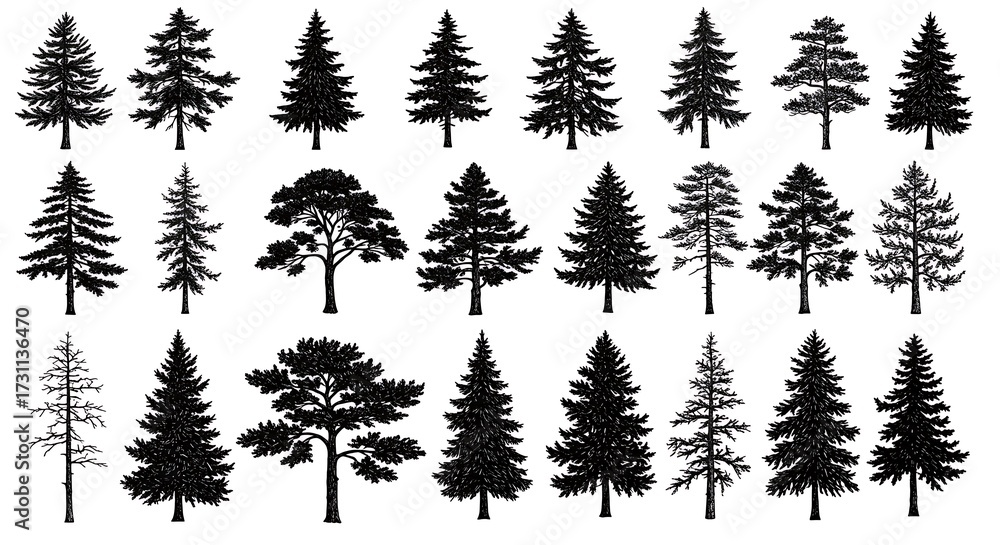 Fototapeta premium Silhouette collection of various evergreen trees isolated on white background