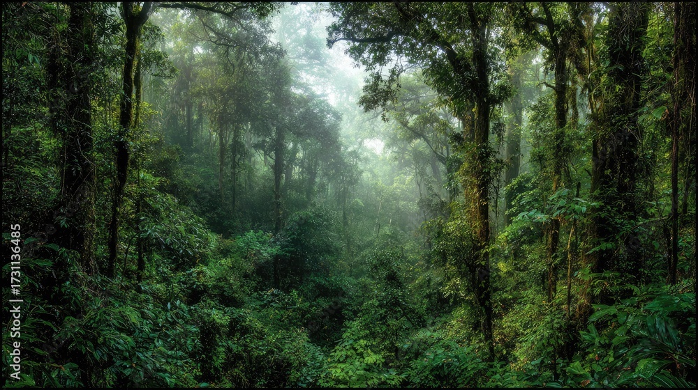 Obraz premium Lush and Serene Rainforest Scene with Thick Foliage and Misty Atmosphere in a Tropical Setting
