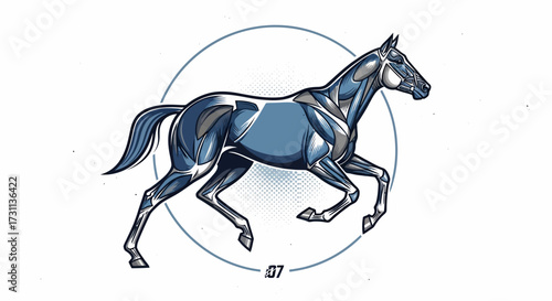 Stylized Blue Horse Illustration with Anatomical Details and Circular Graphic Element