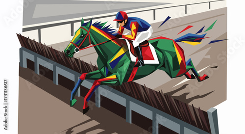 Stylized Horse and Jockey Jumping Over Obstacle in Colorful Geometric Abstract Style