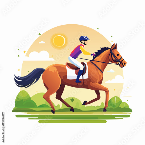 Stylized Illustration of a Jockey Riding a Horse in a Race with Sunny Sky and Greenery
