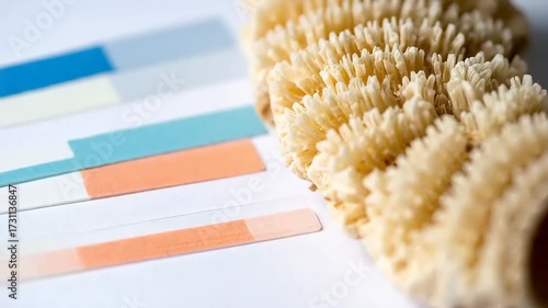 Close up of coral and test strips on white surface