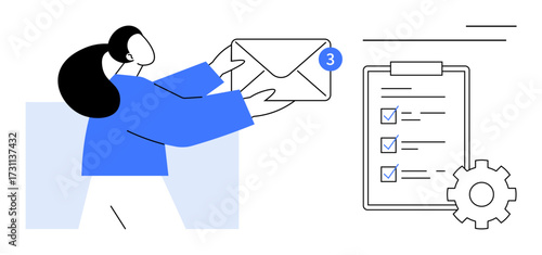 Woman holding envelope with notification badge near checklist and gear representing task management, productivity, communication, workflow optimization, email handling, planning, simple flat metaphor