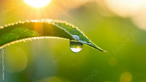 Close up of leaf with water droplet illuminated by sunlight