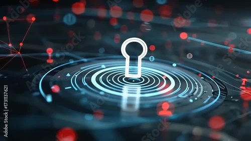 Digital keyhole symbolizing security amidst abstract data connections and vibrant network visuals
