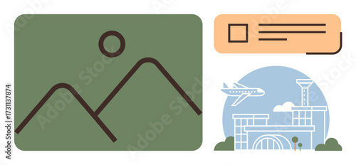 Minimalist mountains and sun, airplane flying over airport terminal, and notification element suggest travel, tourism, and planning. Ideal for adventure, vacation, transport, itinerary exploration