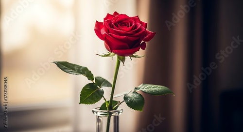 Fototapeta Naklejka Na Ścianę i Meble -  A single red rose with water droplets sits in a glass vase