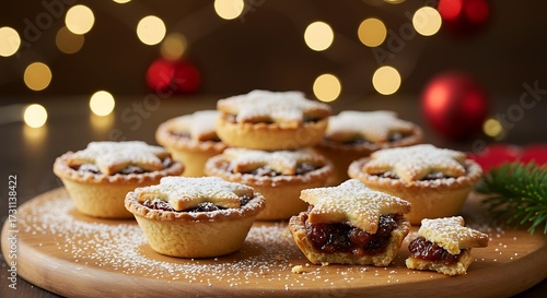 Delicious baked mince pies with star shaped topping on wooden board