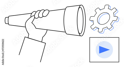 Hand gripping telescope symbolizing vision and future focus, gear representing strategy and work, and play button for action and progress. Ideal for business, leadership, innovation, decision-making