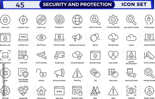 Security & Protection outline icon set. Data protection symbol. Secured network icon collection.Safety, security, protection thin line icons.For website marketing design, logo, app, UI, etc. 
