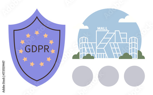 GDPR shield with stars next to a contemporary mall building. Ideal for data protection, privacy compliance, retail security, legal topics, digital safety, regulations, consumer trust. A simple flat