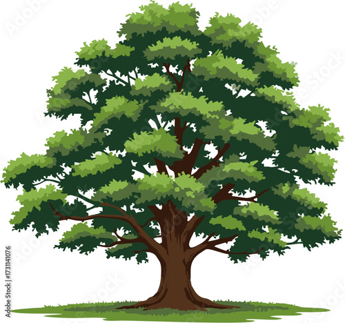 A majestic green tree with a wide canopy stands tall on a grassy plain, symbolizing nature's beauty and growth