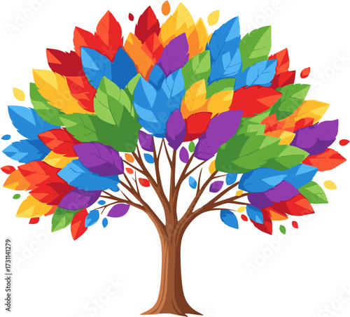 Stylized vector graphic of an abstract tree with a spectrum of vibrant, multicolored leaves, representing growth, diversity, and creativity
