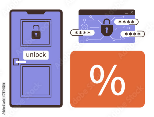 Door with lock and unlock label, browser with password fields and lock icon, orange background with percentage symbol. Ideal for cybersecurity, privacy, access control, data protection