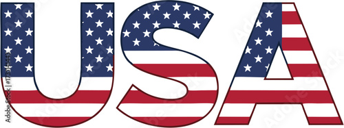 Bold graphic illustration of stylized capital letters, each filled with patriotic red, white, and blue patterns of stars and stripes, symbolizing national pride and freedom on a clean background
