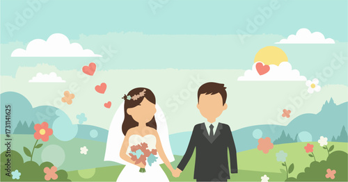 A joyous wedding couple holding hands in a park surrounded by nature and floating hearts, celebrating their special day with love and happiness