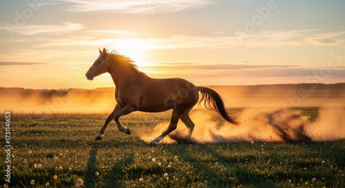 Wild horse running on green field at sunset with dust in the air.