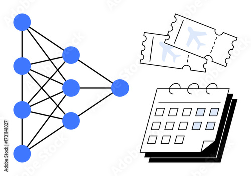 Network of connected nodes, pair of airline tickets, and calendar representing decision-making in AI-driven travel logistics. Ideal for automation, analytics, machine learning, scheduling, planning
