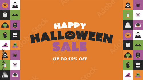 パンプキンやモンスターのフラットデザインで飾られたハロウィン広告背景テンプレート（オレンジ）　Halloween ad background template decorated with flat designs of pumpkins and monsters (orange)