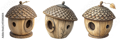 Charming wooden acorn birdhouse with whimsical design perfect for garden decor and wildlife enthusiasts seeking unique, natural elements.