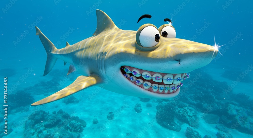 Obraz premium Cartoon shark smiling under water