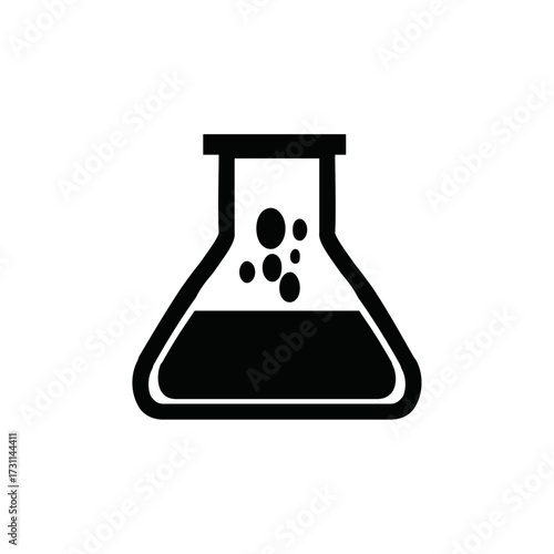 Simple icon of a laboratory flask with a bubbling chemical solution. A vector graphic symbol for science, research, and experimentation